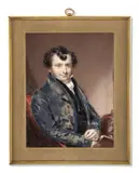 Portrait d’homme assis en redingote bleu de velours frappé, gilet noir et lavallière blanche tenant un livre by William Patten, Paire de miniatures, aquarelle et gomme arabique sur ivoire, sold Nov 2024