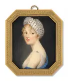 Portrait de jeune femme à la coiffe rayée by Charles Hénard, Aquarelle et gomme arabique sur ivoire, de forme octogonale, sold Nov 2024