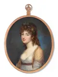 Portrait de jeune femme de trois-quarts au châle jaune by Charles Hénard, Aquarelle et gomme arabique sur ivoire, de forme ovale, sold Nov 2024