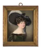 Portrait de jeune femme en robe de velours vert bordé de fourrure, portant un grand chapeau orné de plumes by Moritz Michael Daffinger, Aquarelle et gomme arabique sur ivoire, sold Nov 2024