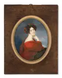 Portrait de jeune femme aux cheveux bruns bouclés ornés de fleurs, au châle rouge devant un fond de paysage lacustre by Heinrich Franz Schalck, Aquarelle et gomme arabique sur ivoire, de forme ovale, sold Nov 2024