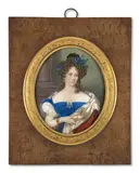 Portrait de jeune femme en robe bleue et au manteau rouge doublé de fourrure blanche by Heinrich Franz Schalck, Aquarelle et gomme arabique sur ivoire, de forme ovale, sold Nov 2024