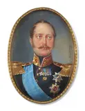 Portrait du tsar Nicolas Ier de Russie (1796-1855) en uniforme avec le cordon bleu de l’ordre impérial de Saint André et de nombreuses décorations by Ivan Winberg, Aquarelle et gomme arabique sur ivoire, de forme ovale, sold Nov 2024