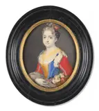 Portrait de jeune femme à la corbeille de fruits by Rosalba Carriera, Aquarelle et gomme arabique sur ivoire, de forme ovale, sold Nov 2024