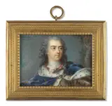 Portrait de Louis XV (1710-1774), roi de France en armure recouverte d’un manteau de velours bleu orné de fleurs de lys, bordé d’hermine. by Antoine Alexandre Marolles, Aquarelle et gomme arabique sur parchemin, sold Nov 2024