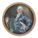 Portrait d’homme en habit de satin bleu doublé de blanc, une chemise à jabot en dentelle, by Jean-Laurent Mosnier, Aquarelle et gomme arabique sur ivoire, de forme ronde, sold Nov 2024