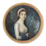 Portrait de femme en robe blanche, drapé d'un châle bleu dans un paysage d'arbres (anciennement dit Mlle Clairon) by Marie-Gabrielle Capet, Aquarelle et gomme arabique sur ivoire, de forme ronde, sold Nov 2024