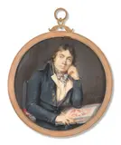 Portrait d'un artiste dessinant by Etienne-Charles Le Guay, Aquarelle et gomme arabique sur ivoire, de forme ronde, sold Nov 2024