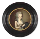 Portrait de Marie-Antoinette (1755-1793), reine de France en costume de chasse, tenant un chapeau noir by Vincenza Benzi-Basteris, Aquarelle et gomme arabique sur ivoire, de forme ronde, sold Nov 2024