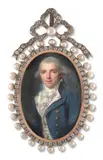 Portrait de jeune homme en veste bleue et gilet blanc brodé sur chemise à jabot by Louis-Lié Perin-Salbreux, Aquarelle et gomme arabique sur ivoire, de forme ovale, sold Nov 2024
