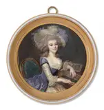 Portrait de jeune femme dit de Sophie Arnould, en robe de soie violette au clavecin by François Dumont, Aquarelle et gomme arabique sur ivoire, de forme ronde, sold Nov 2024