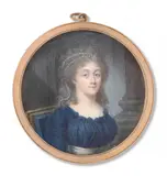 Portrait de jeune femme en robe bleue by dit Augustin Dubourg Georges-Nicolas Toussaint Augustin, Aquarelle et gomme arabique sur ivoire, de forme ronde, sold Nov 2024