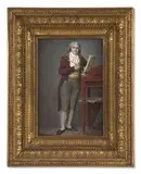 Portrait d’Augustin-Louis Taillandier (1774-1832), président du tribunal civil de Sens debout à son bureau by François Dumont, tenant une liasse de papiers d'une main et une plume d'oie de l'autre et Portrait de son épouse Sophie Philbert (1778-18, sold Nov 2024