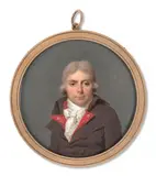 Portrait d’homme dit du baron Peregaux, père de la duchesse de Raguse, en habit aubergine avec gilet rouge brodé de fleurettes by Claude Bornet, Aquarelle et gomme arabique sur ivoire, de forme ronde, sold Nov 2024