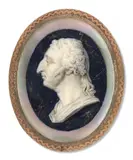 Portrait du général Augereau (1757 – 1816) de profil à gauche, à l’imitation du camée by Jean-Désiré Muneret, Aquarelle et gomme arabique sur ivoire, de forme ovale, sold Nov 2024