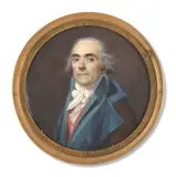 Portrait d'homme à la veste aubergine à col bleu, gilet rouge et lavallière blanche by Frédéric Dubois, Aquarelle et gomme arabique sur ivoire, de forme ronde, sold Nov 2024