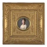 Portrait d’Adélaïde Charlotte Hugresse de Melleville, née de Brossin de Méré, en robe blanche by Charles Guillaume Alexandre Bourgeois, Aquarelle et gomme arabique sur ivoire, de forme ronde, sold Nov 2024