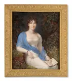 Portrait de jeune femme en robe blanche et châle bleu tenant un livre ouvert dans sa main gauche by Etienne-Charles Le Guay, Aquarelle et gomme arabique sur ivoire, sold Nov 2024
