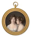 Portrait de deux jeunes filles, l’une de face, l’autre de profil en robes blanches by Henri-François Riesener, Aquarelle et gomme arabique sur ivoire, de forme ronde, sold Nov 2024