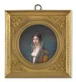 Portrait de jeune femme portant un manteau d’hiver bordé de fourrure devant un fond de ciel nuageux by née Ducruet Pauline Augustin, Aquarelle et gomme arabique sur ivoire, de forme ronde, sold Nov 2024
