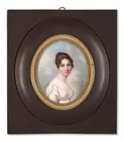 Portrait de Madame de Broc en robe blanche, devant un fond de ciel nuageux by Daniel Saint, Aquarelle et gomme arabique sur ivoire, de forme ovale, sold Nov 2024