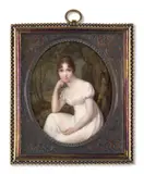 Portrait d’Hortense de Beauharnais (1783-1837) accoudée sur son genou, devant un paysage de forêt by Daniel Saint, Aquarelle et gomme arabique sur ivoire, de forme ovale, sold Nov 2024