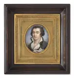 Philippe-François-Nazaire Fabre d'Eglantine (1755-1794) tenant une page annotée ‘Le Phili / de / Molie’ by Jean-Baptiste Sambat, Aquarelle et gomme arabique sur ivoire, de forme ovale, sold Nov 2024