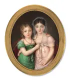 Deux jeunes filles s’enlaçant, l’une en robe verte et l’autre en robe rose by Louis-Marie Autissier, Aquarelle et gomme arabique sur ivoire, de forme ovale, sold Nov 2024