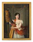 Portrait de jeune femme en robe de satin blanc et châle orangé accordant sa harpe, devant un fond de draperie olive by Louis-Marie Autissier, Aquarelle et gomme arabique sur ivoire, sold Nov 2024