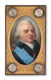 Portrait de Louis XVIII (1755-1824), roi de France, en habit bleu à épaulettes dorées, gilet et cravate blancs by Jean-Baptiste Isabey, Aquarelle et gomme arabique sur ivoire, de forme ovale, sold Nov 2024