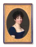 Portrait de jeune femme en robe bleue by Charles Guillaume Alexandre Bourgeois, Aquarelle et gomme arabique sur ivoire, de forme ovale, sold Nov 2024