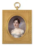Portrait de jeune femme en robe blanche by Jean-Baptiste Jacques Augustin, Aquarelle et gomme arabique sur ivoire, de forme ovale, sold Nov 2024