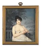 Portrait de jeune femme assise sur un banc, la poitrine dénudée, dans un paysage arboré by Jean-Baptiste Sambat, Aquarelle et gomme arabique sur ivoire, sold Nov 2024