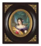 Portrait d’Eléonore La Plaigne, dite Mademoiselle Georges, ancienne maîtresse de l’empereur Napoléon (1787-1868), by Louis-Marie Autisser, Aquarelle et gomme arabique sur ivoire, de forme ovale, sold Nov 2024