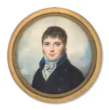 Portrait de jeune homme en veste bleue devant un fond de ciel nuageux by dit Sicardi Louis-Marie Sicard, Aquarelle et gomme arabique sur ivoire, de forme ronde, sold Nov 2024