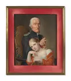 Portrait d'un ancien capitaine chevalier de l’ordre de Saint Louis âgé de 70 ans avec sa petite fille by dit Fontallard Jean-François Gerard, Aquarelle et gomme arabique sur ivoire, encastré dans du carton, sold Nov 2024