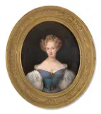 Portrait de Louise d’Orléans, future reine des Belges (1812-1850) en robe bleue à manches de gaze bouffantes by Jean-Baptiste Joseph Duchesne de Gisors, Aquarelle et gomme arabique sur ivoire, de forme ovale, sold Nov 2024