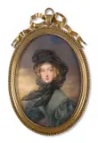Portrait de Louise d’Orléans, reine des Belges (1812-1850) portant un chapeau noir avec voile de gaze, devant un fond de ciel nuageux by Jean-Baptiste Isabey, Aquarelle et gomme arabique sur papier-vélin, de forme ovale, sold Nov 2024