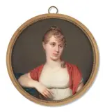 Portrait de jeune femme en robe blanche et au châle cramoisi by Louis-ami Arlaud-jurine, Aquarelle et gomme arabique sur ivoire, de forme ronde, sold Nov 2024