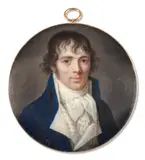 Portrait d’homme en habit bleu et gilet blanc à rayures rouges by Pierre-Louis Bouvier, Aquarelle et gomme arabique sur ivoire, de forme ronde, sold Nov 2024