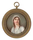 Portrait de jeune femme en vestale by Louis-ami Arlaud-jurine, Aquarelle et gomme arabique sur ivoire, de forme ronde, sold Nov 2024