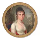 Portrait de jeune femme en robe blanche, au châle rouge assise dans un paysage by Pierre-Louis Bouvier, Aquarelle et gomme arabique sur ivoire, de forme ronde, sold Nov 2024