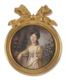 Portrait de jeune femme en robe blanche et châle cachemire ocre dans un parc, sa main gauche tenant une branche de fleurs by Louis-Lié Perin-Salbreux, Aquarelle et gomme arabique sur ivoire, de forme ronde, sold Nov 2024