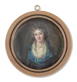 Portrait de jeune femme, dite Charlotte-Françoise Evelyn, marquise de Ludres, en robe grise à col bleu by Louis-Lié Perin-Salbreux, Aquarelle et gomme arabique sur ivoire, de forme ronde, sold Nov 2024