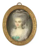 Portrait de femme en robe rose au nœud de soie verte by Antoine Vestier, Aquarelle et gomme arabique sur ivoire, de forme ovale, sold Nov 2024