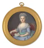 Portrait de femme assise tenant une lettre by Antoine-Joseph Helant, Aquarelle et gomme arabique sur ivoire, de forme ronde, sold Nov 2024