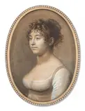 Portrait de l'épouse de l'artiste, Pauline Augustin, née du Cruet (1781-1865) de trois-quarts, à la coiffure bouclée by Jean-Baptiste Jacques Augustin, Sépia et rehauts de gouache sur traits de crayon, sur papier, sold Nov 2024