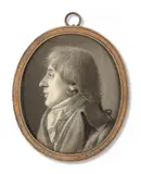 Portrait présumé de Philippe Yves (1731-1804), de profil à gauche portant cheveux longs et boucle d'oreille by Jean-Jacques Karpff dit Casimir, Encre de chine sur ivoire, de forme ovale, sold Nov 2024