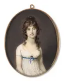 Portrait de femme en robe blanche avec ceinture bleue by Jean-Urbain Guérin, Aquarelle et gomme arabique sur ivoire, de forme ovale, sold Nov 2024