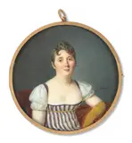 Portrait de jeune femme en robe rayée by Jérôme Langlois, Aquarelle et gomme arabique sur ivoire, de forme ronde, sold Nov 2024